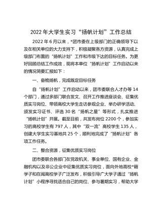 2022年大学生实习“扬帆计划”工作总结（团）