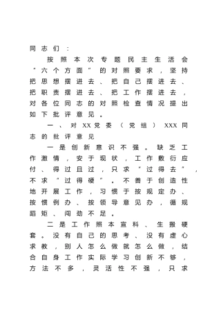 2023年主题教育专题民主生活会上的批评意见15条