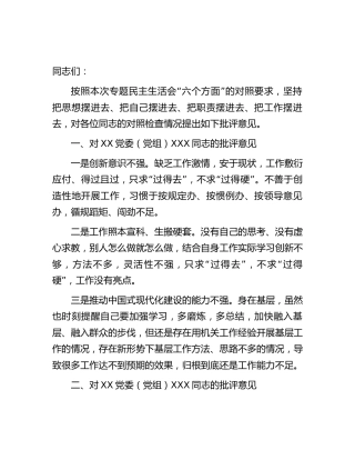 主题教育专题民主生活会上的批评意见1900字