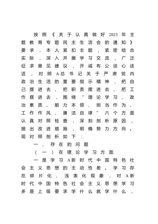 2023年主题教育专题民主生活会对照检查5200字