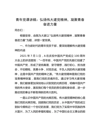 青年党课讲稿：弘扬伟大建党精神，凝聚青春奋进力量