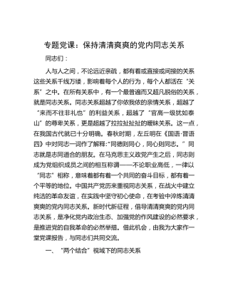 党课：保持清清爽爽的党内同志关系