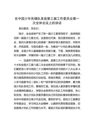在中国少年先锋队县工作委员会第一次全体会议上的讲话