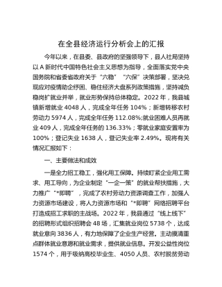在全县经济运行分析会上的汇报（人社）