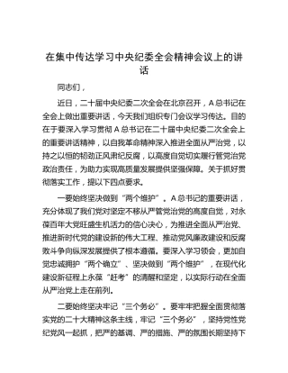 在集中传达学习纪委全会精神会议上的讲话
