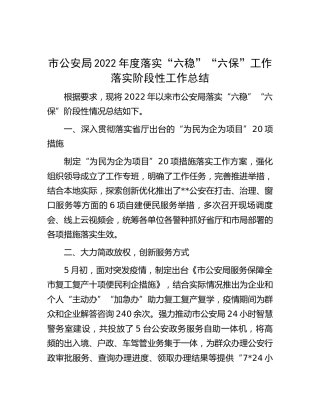 市公安局2022年度落实“六稳”“六保”工作落实阶段性工作总结