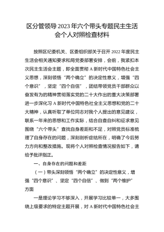 区分管领导2023年六个带头专题民主生活会个人对照检查材料4600字