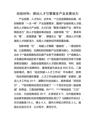 经验材料：燃动人才引擎 激发产业发展动力
