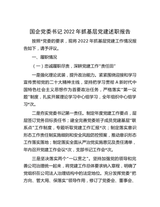 国企公司书记2022年抓基层党建述职报告4600字
