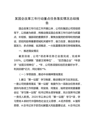 国企改革三年行动重点任务落实情况总结报告（公司）