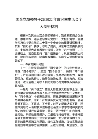 国企党员领导干部2022年度生活会个人剖析材料