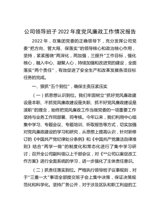 公司领导班子2022年度党风廉政工作情况总结报告