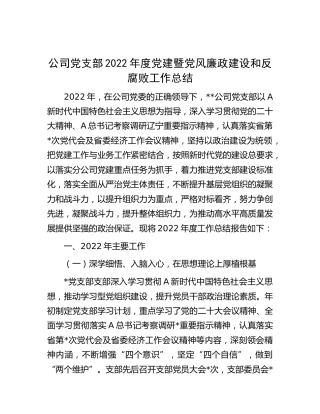 公司党支部2022年度党建暨党风廉政建设和反腐败工作总结3600字