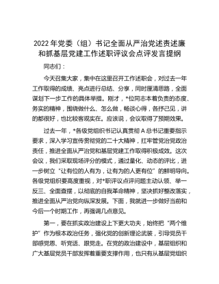2022年书记全面从严治党述责述廉和抓基层党建工作述职评议会点评发言