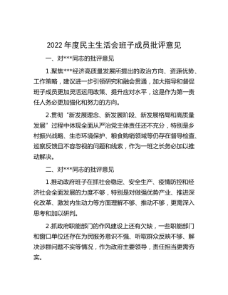 2022年度生活会班子成员批评意见2000字