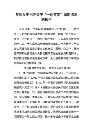 2022年党组书记“一岗双责”履职情况报告（医保4200字）