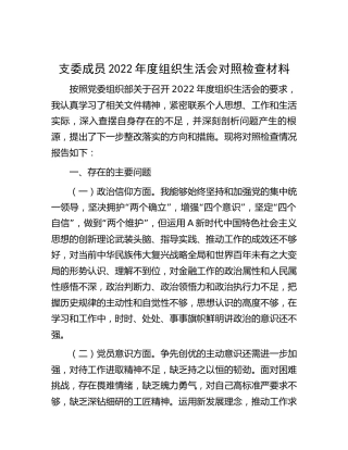 支委成员2022年度组织生活会对照检查2800字