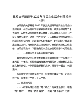 政协班子2022年度民主生活会对照检查4100字