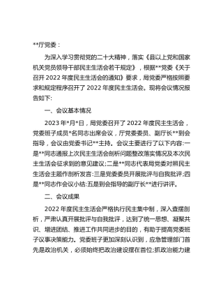 应急系统召开2022年度专题民主生活会情况的报告