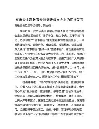 在市委主题教育专题调研督导会上的汇报发言2400字