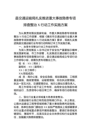 县交通运输局扎实推进重大事故隐患专项排查整治2023行动工作实施方案(20230801)