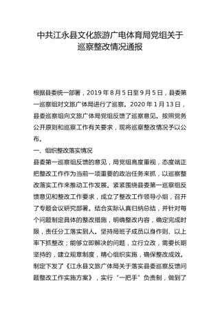 县文化旅游广电体育局党组关于巡察整改情况通报