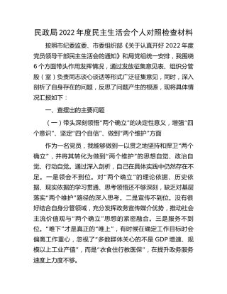 民政系统2022年度民主生活会个人对照检查4100字