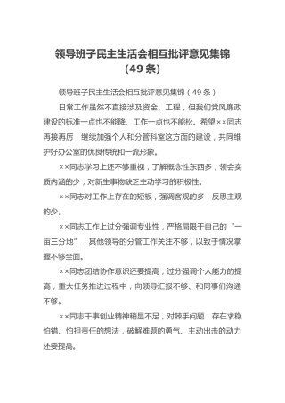 领导班子民主生活会相互批评意见集锦（49条） (2)