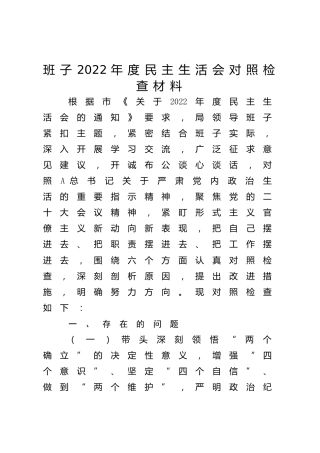 领导班子2022年度生活会对照检查8800字