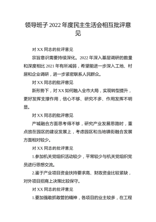 领导班子2022年度民主生活会相互批评意见1500字