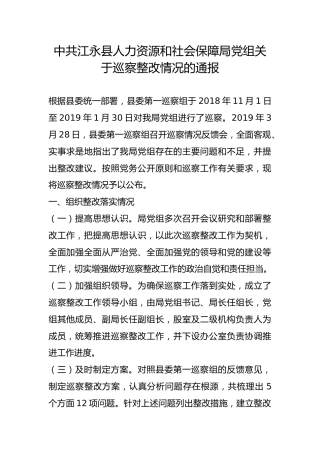县人力资源和社会保障局党组关于巡察整改情况的通报