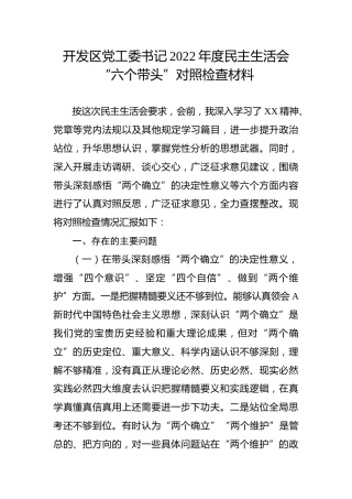 开发区党工委书记2022年民主生活会对照检查4400字