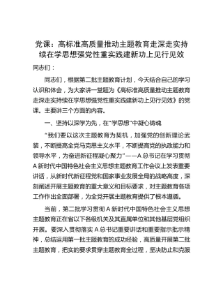 主题教育党课：高标准高质量推动主题教育走深走实 持续在学思想强党性重实践建新功上见行见效（税务8000字）