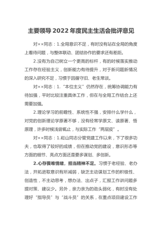 主要领导2022年度民主生活会批评意见 (2)