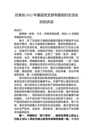 在参加2022年基层党支部专题组织生活会时的讲话2500字