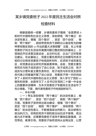 乡镇领导班子2022年度民主生活会对照检查7200字