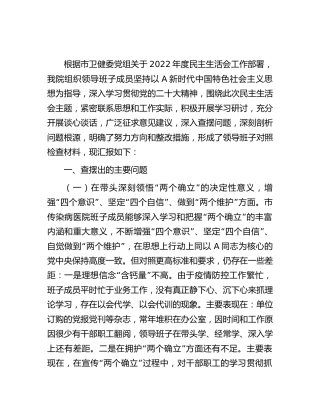医院领导班子2022年度民主生活会对照检查3800字