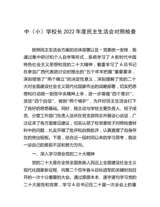 学校校长2022年度民主生活会对照检查5200字