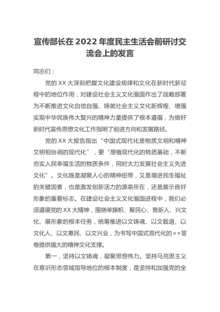 宣传部长在2022年度民主生活会前研讨交流会上的发言 (2)