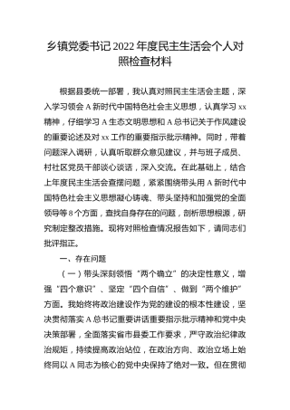 乡镇书记2022年度民主生活会个人对照检查材料