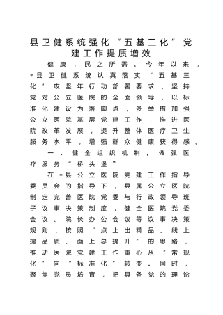 县卫健系统强化“五基三化”党建工作提质增效汇报