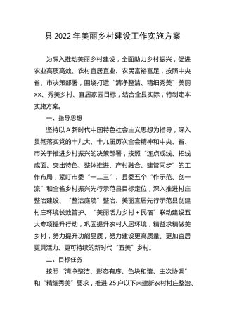 县2022年美丽乡村建设工作实施方案