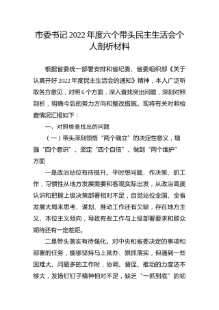 市委书记2022年民主生活会个人剖析5200字