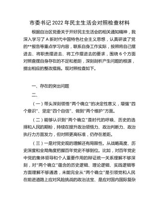 市委书记2022年民主生活会对照检查6900字