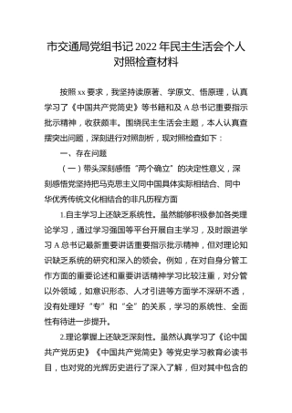 市交通局党组书记2022年民主生活会个人对照检查4600字