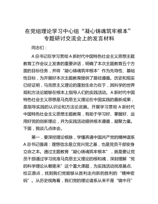 中心组“凝心铸魂筑牢根本”专题研讨交流会上的发言材料