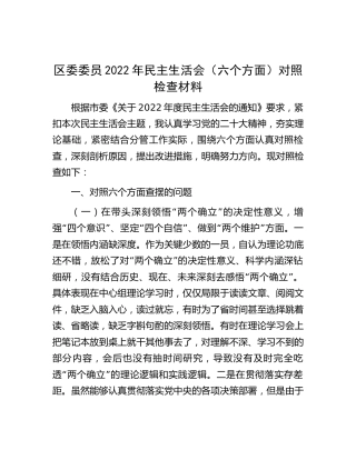 区委委员2022年民主生活会个人对照检查4900字
