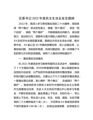 区委书记2022年度民主生活会发言