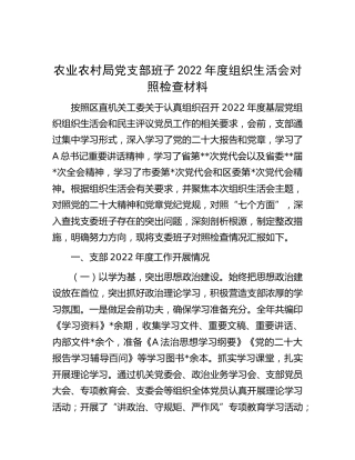 农业农村系统党支部班子2022年度组织生活会对照检查5400字（含国之大者版本）