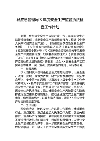 县应急管理局安全生产监管执法检查工作计划